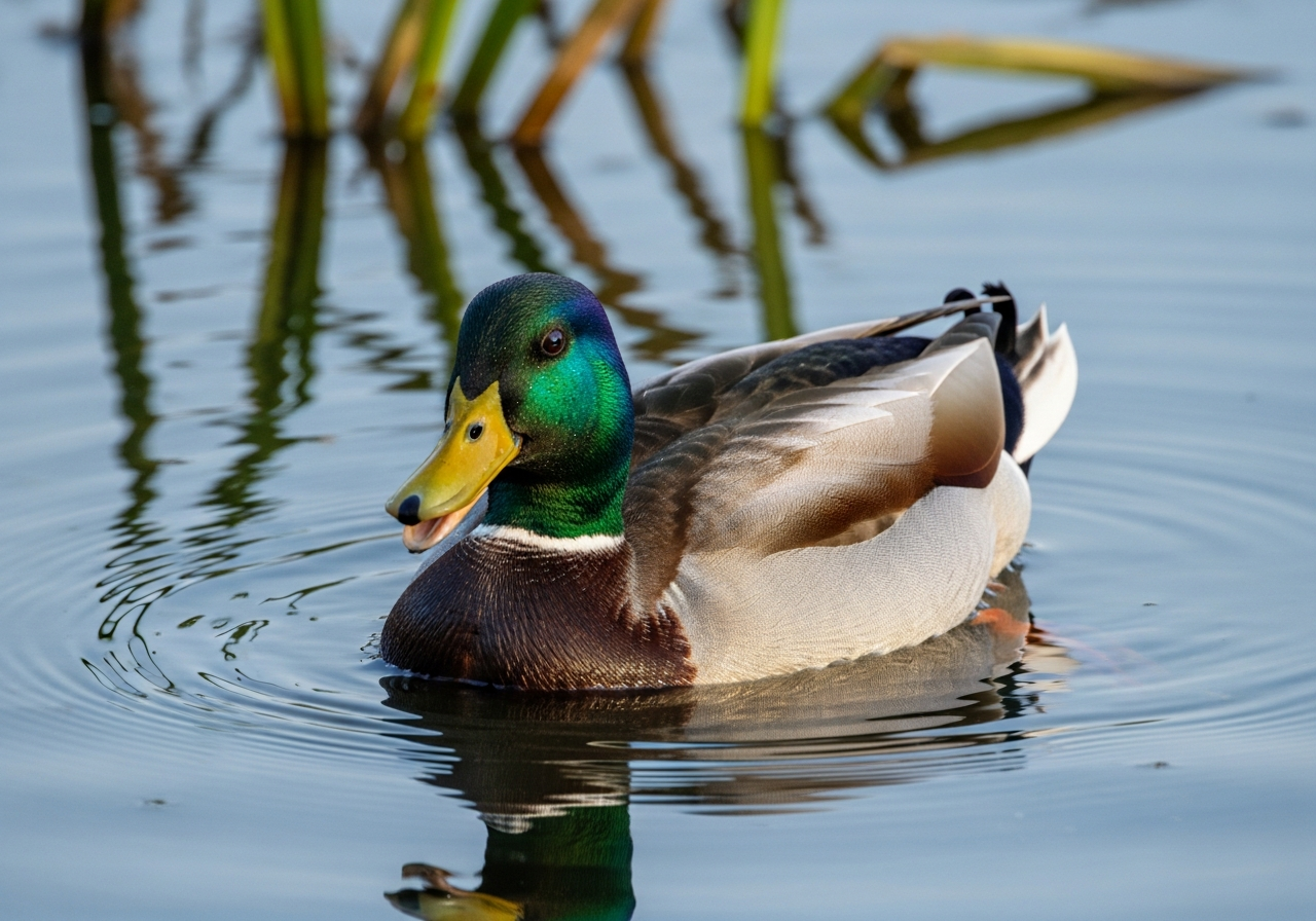 Male mallard duck with iridescent green head and yellow bill floating on calm water
