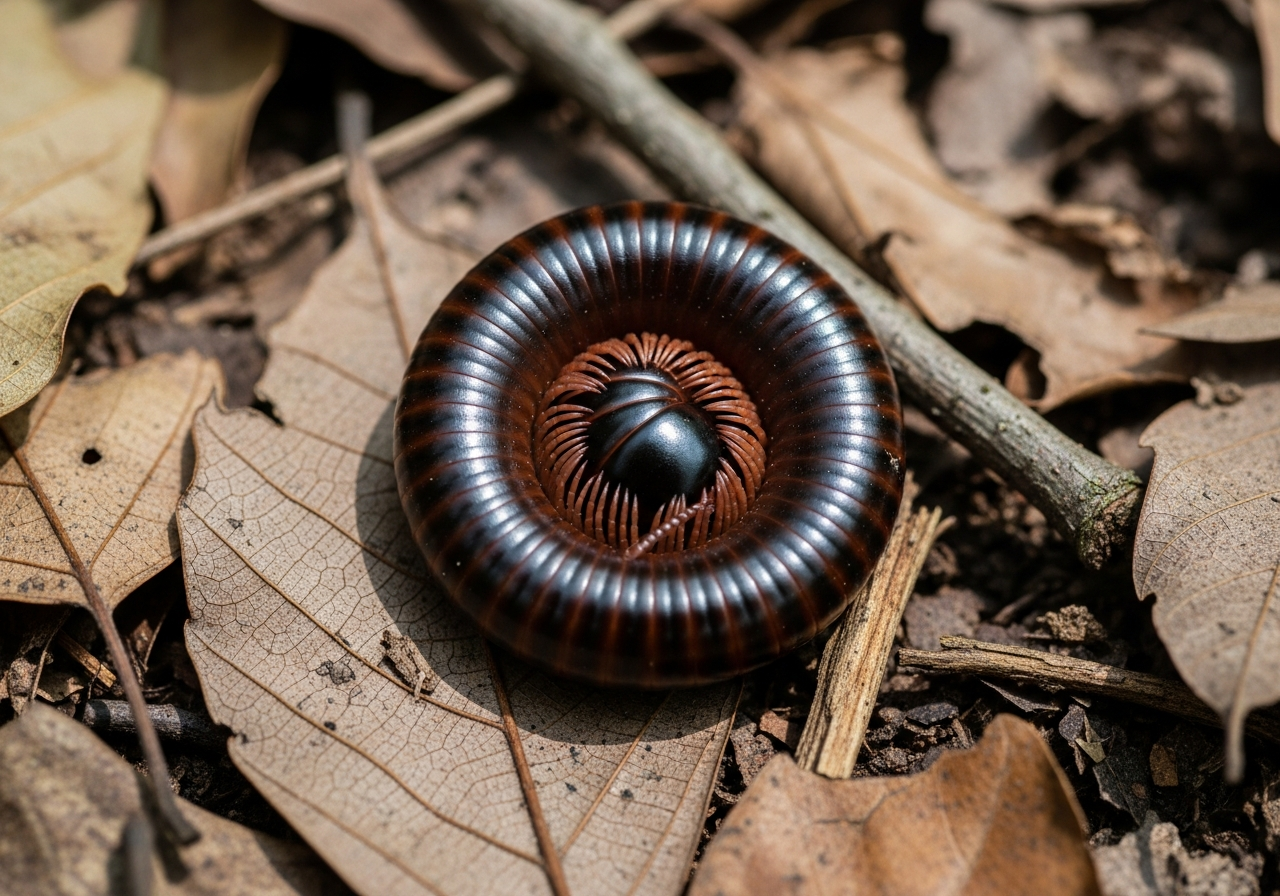 Dark cylindrical millipede curled on the forest floor with many short legs
