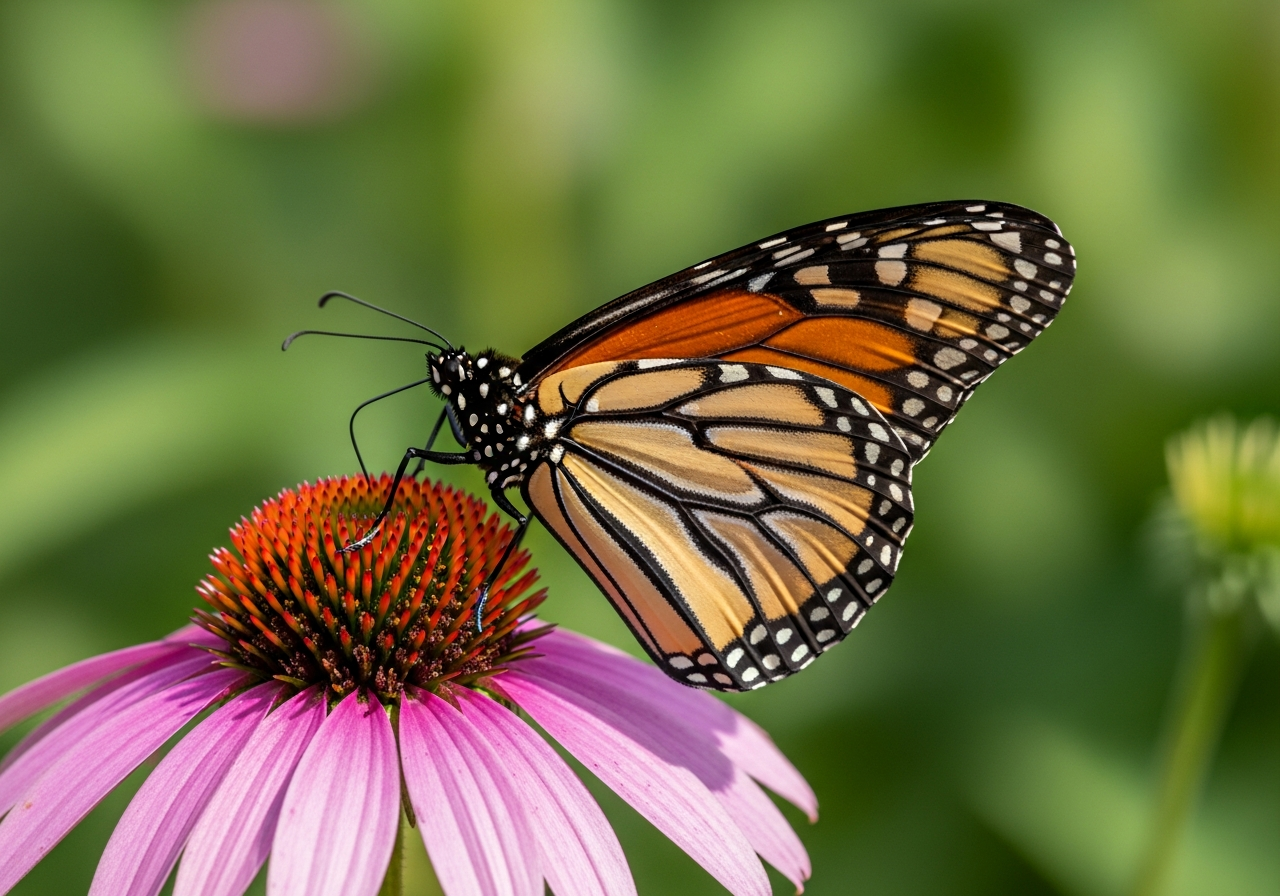 Monarch butterfly with orange and black wings perched on a purple flower