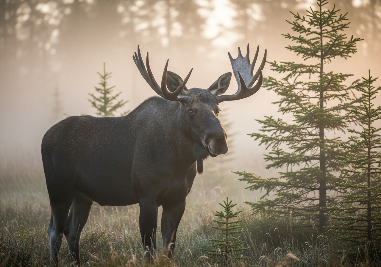 Bull moose with large flat antlers standing in a shallow lake surrounded by forest