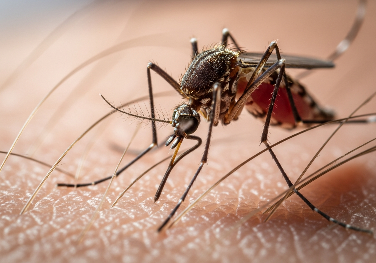 Close-up of a mosquito with slender legs resting on skin