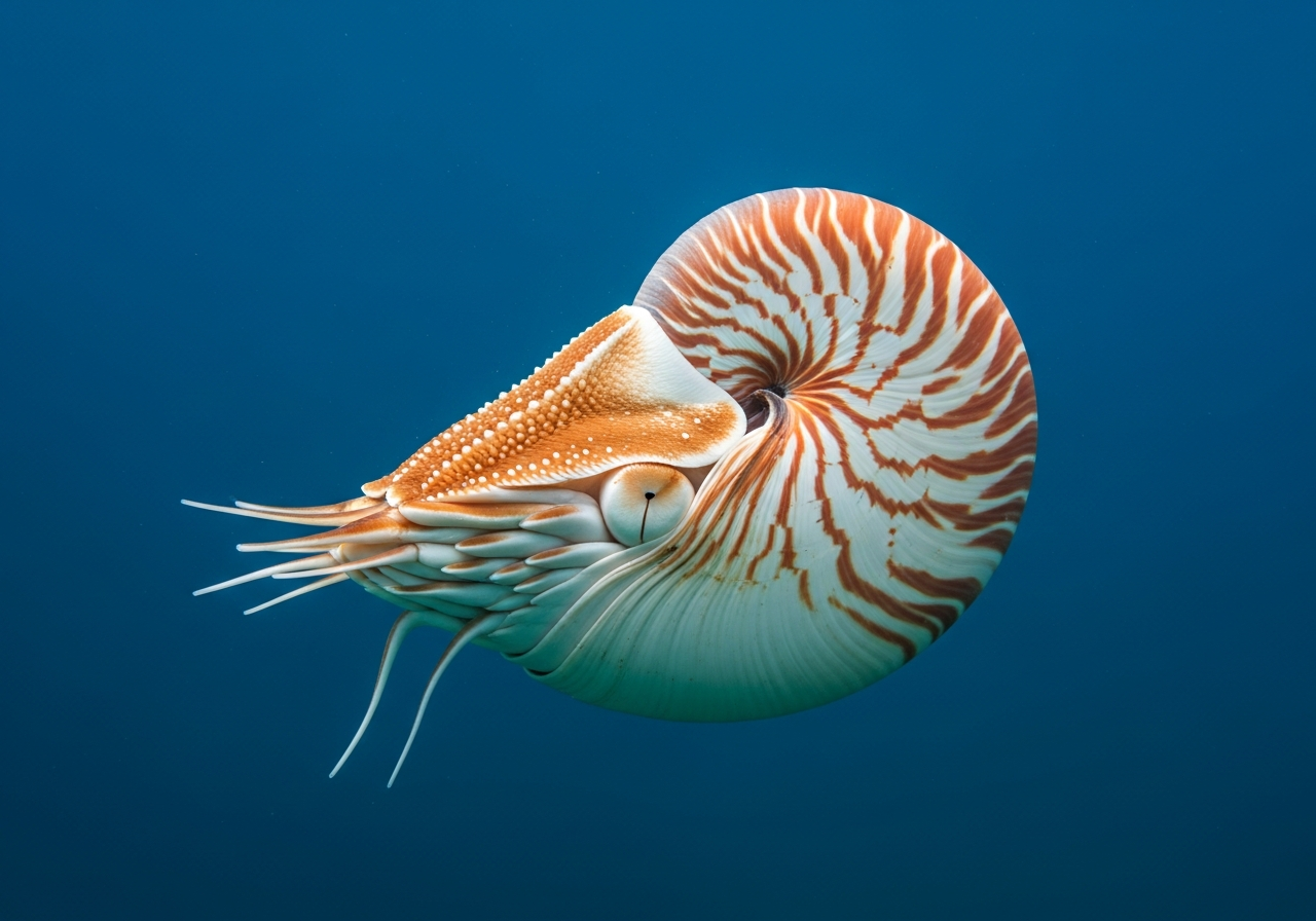 Chambered nautilus with a spiral striped shell and many small tentacles in dark water