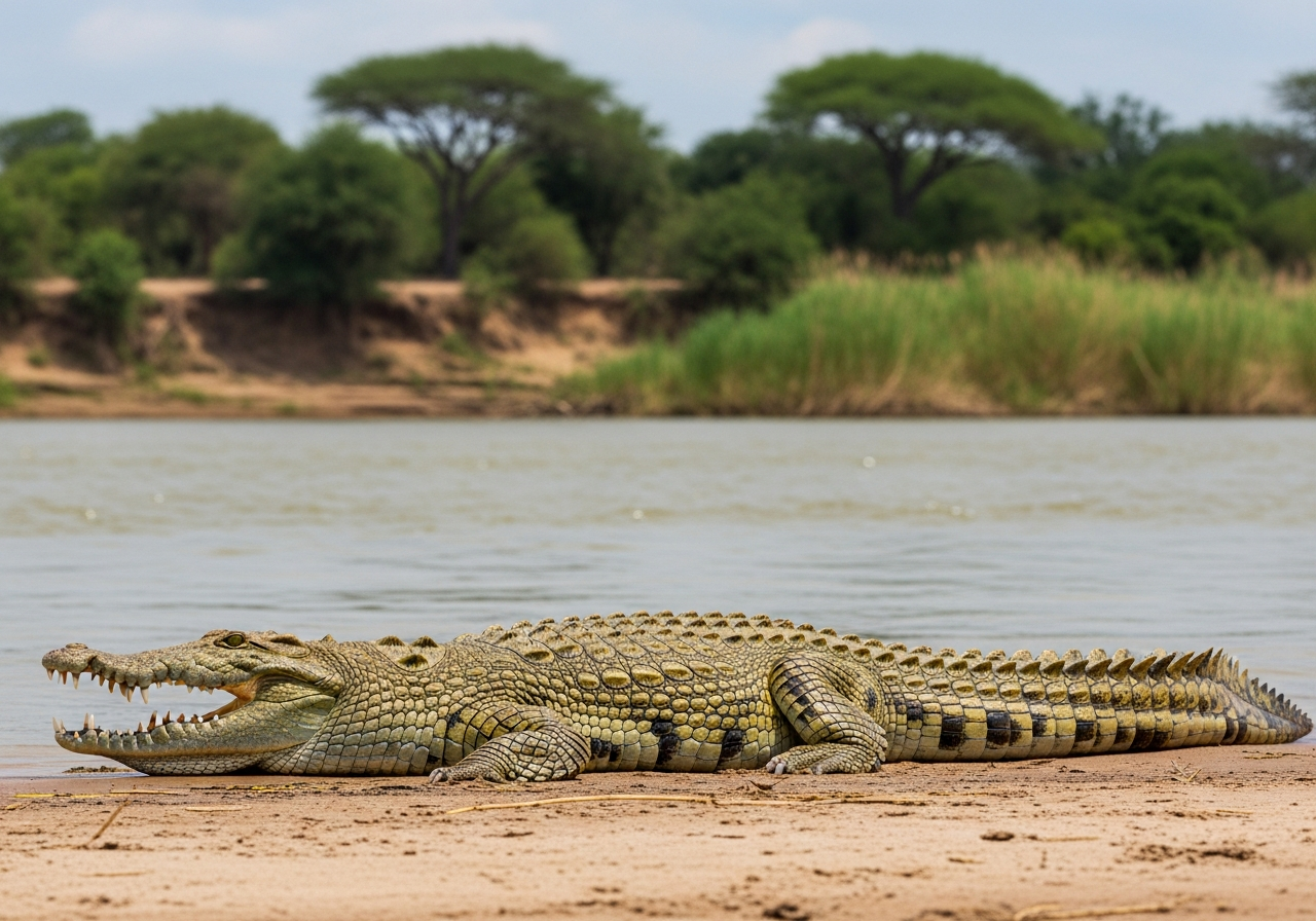 Nile crocodile with armored skin basking with jaws open on a muddy riverbank