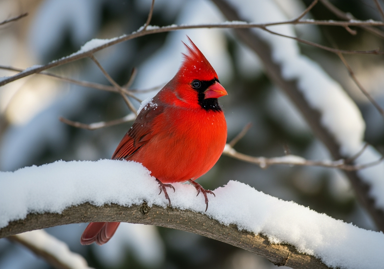 Brilliant red male northern cardinal with black face mask perched on a snowy branch