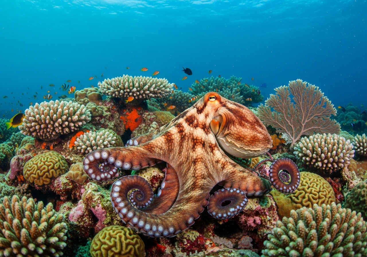 Common octopus on a coral reef with curling arms and textured skin