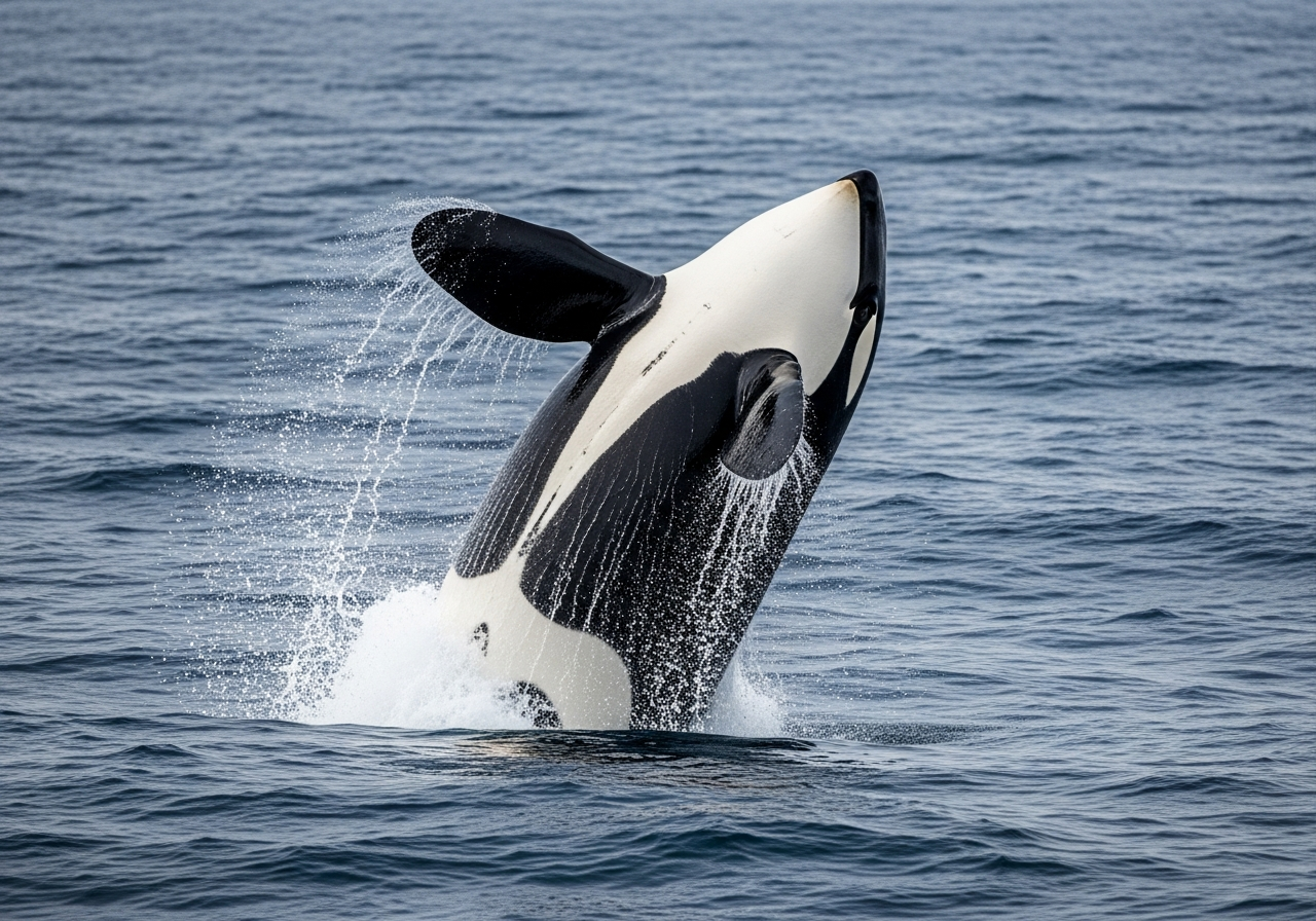 Orca killer whale breaching out of the ocean with a burst of spray