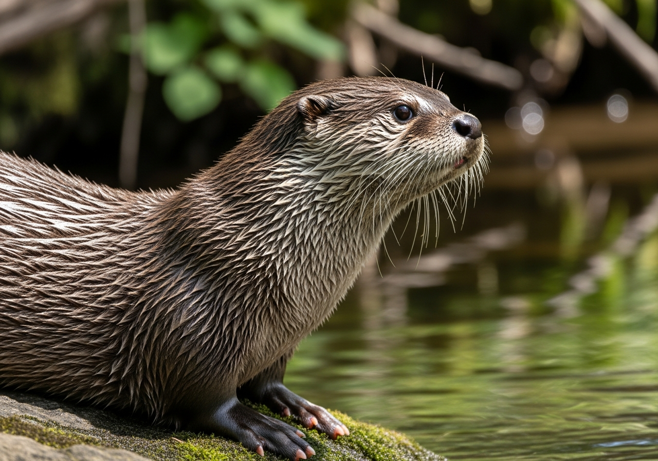 Otter floating on its back in calm water with sleek wet fur and whiskers