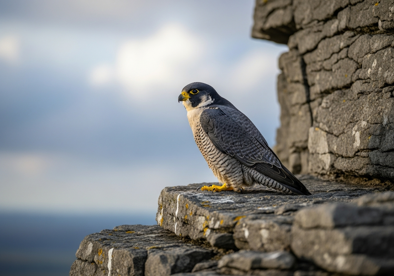 Peregrine falcon perched on a cliff ledge with slate-grey back and barred chest
