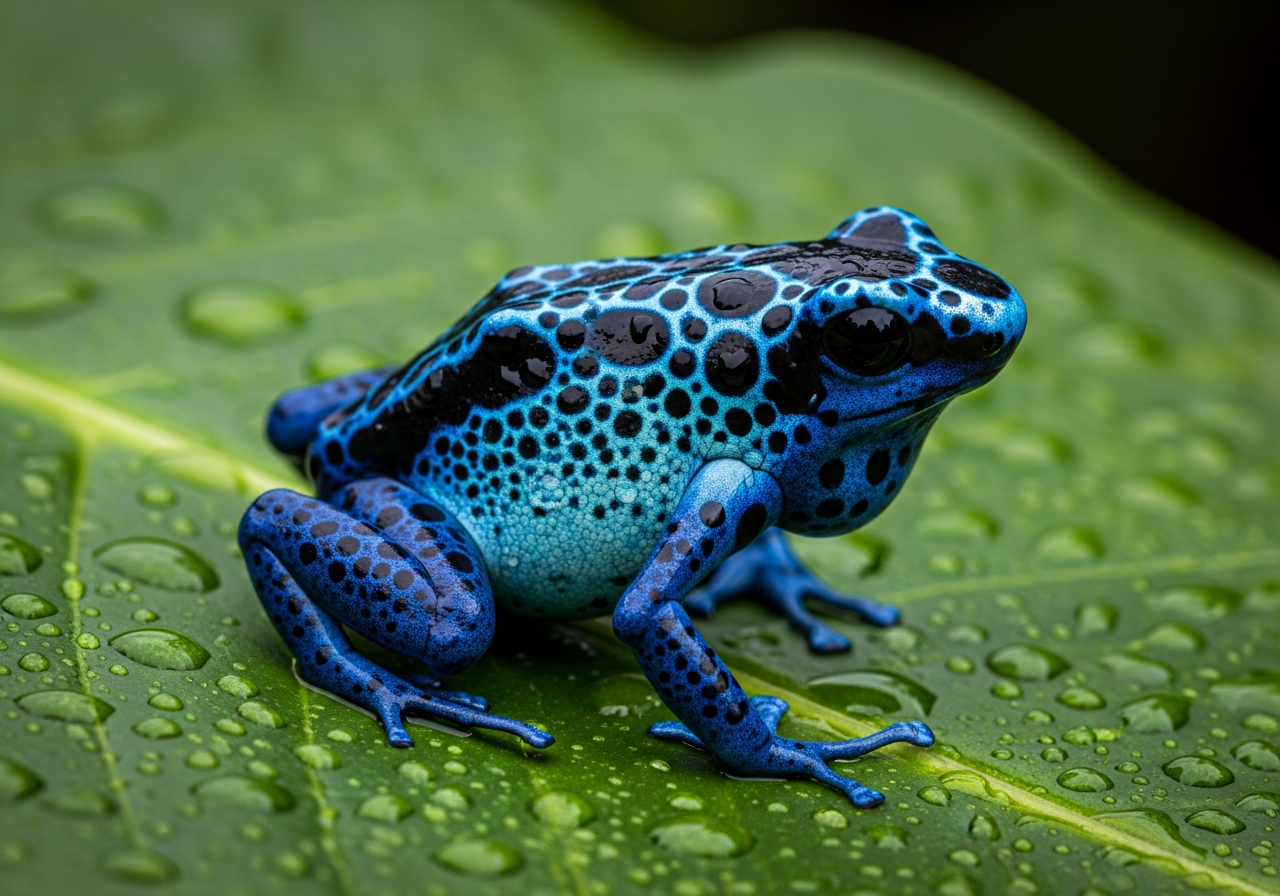 Bright blue and black poison dart frog sitting on a wet green leaf