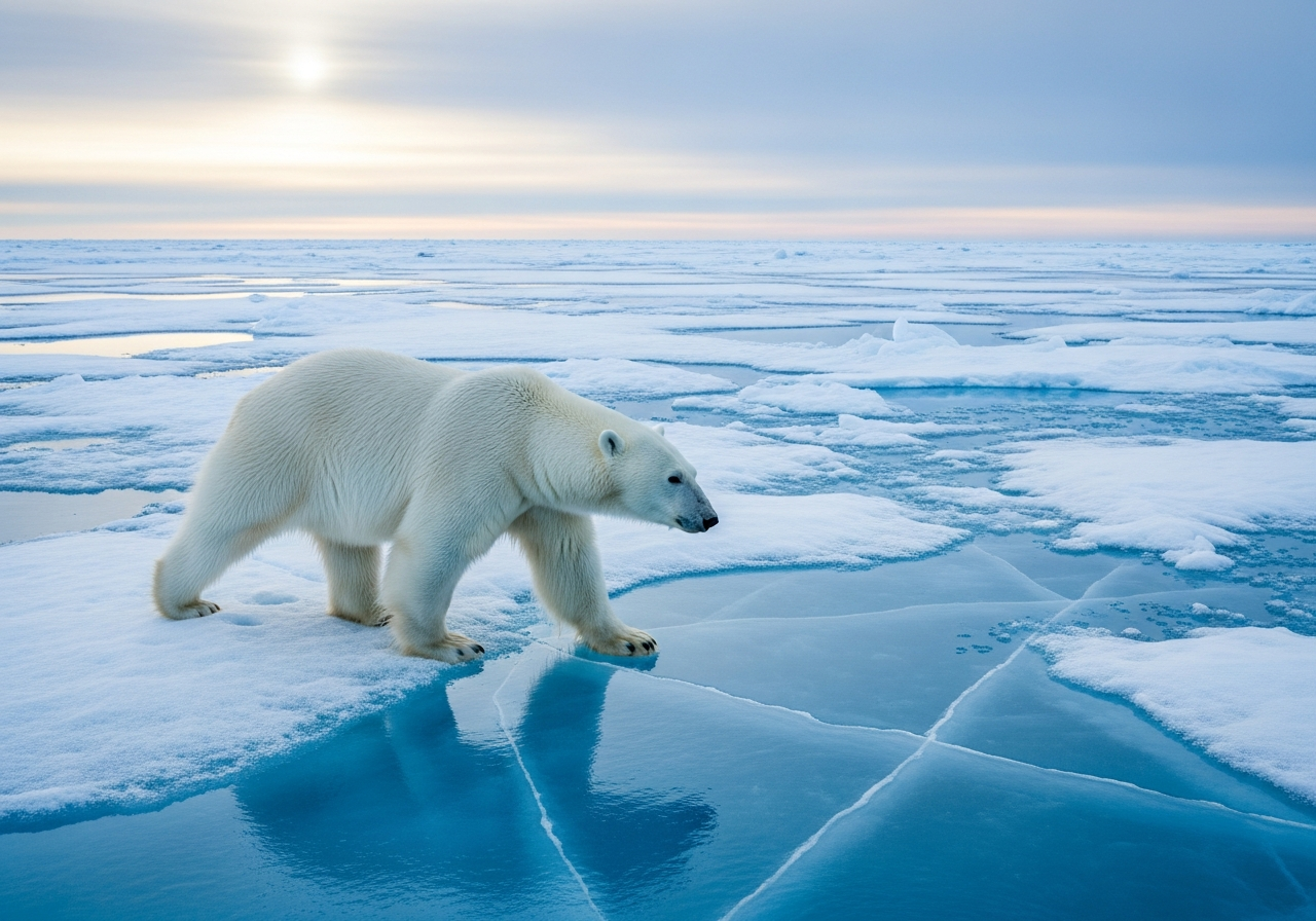 Polar bear walking across Arctic sea ice under a pale sky