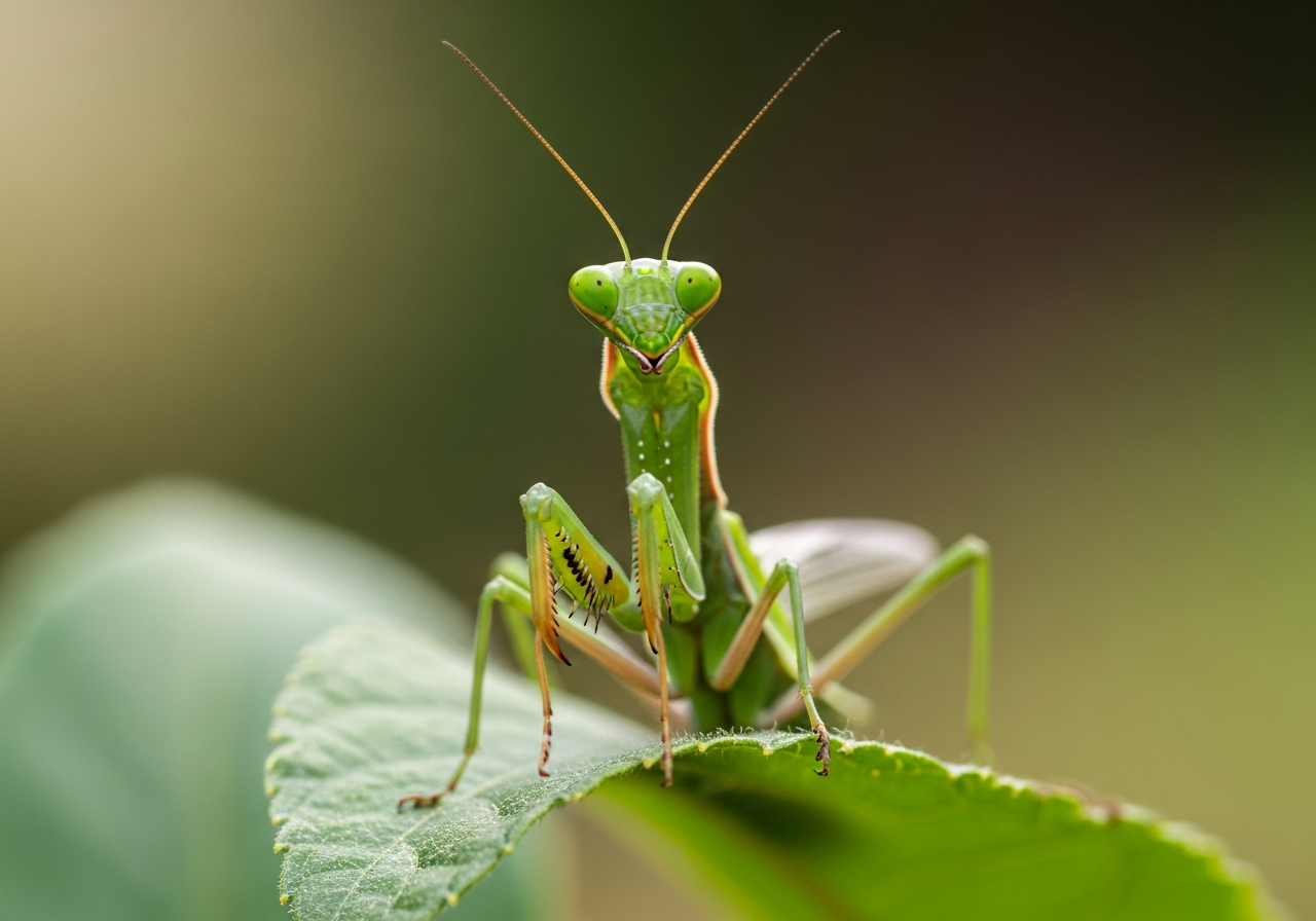 Green praying mantis perched on a stem with front legs raised