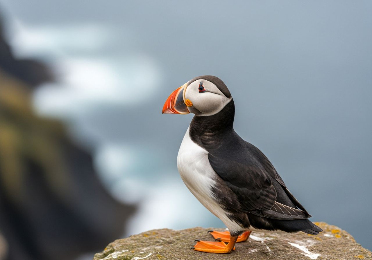 Atlantic puffin with a colorful orange and blue bill standing on a grassy cliff