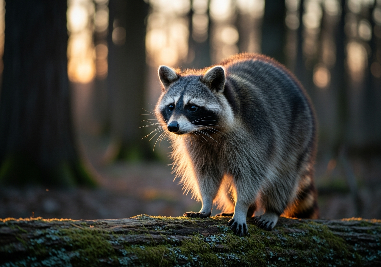 Raccoon with a black mask standing on a fallen log in a forest at dusk