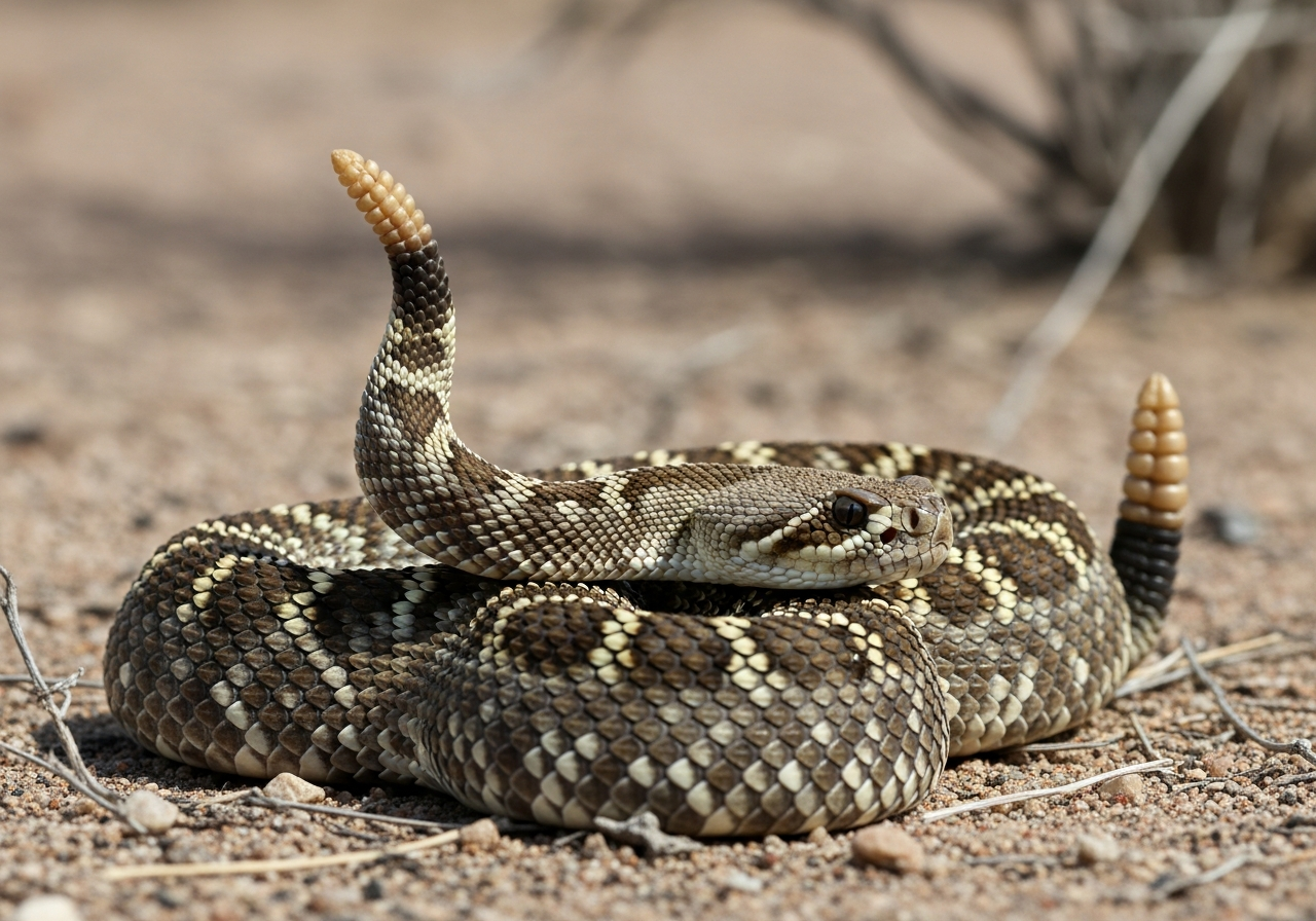 Western diamondback rattlesnake coiled with raised rattle on dry desert ground