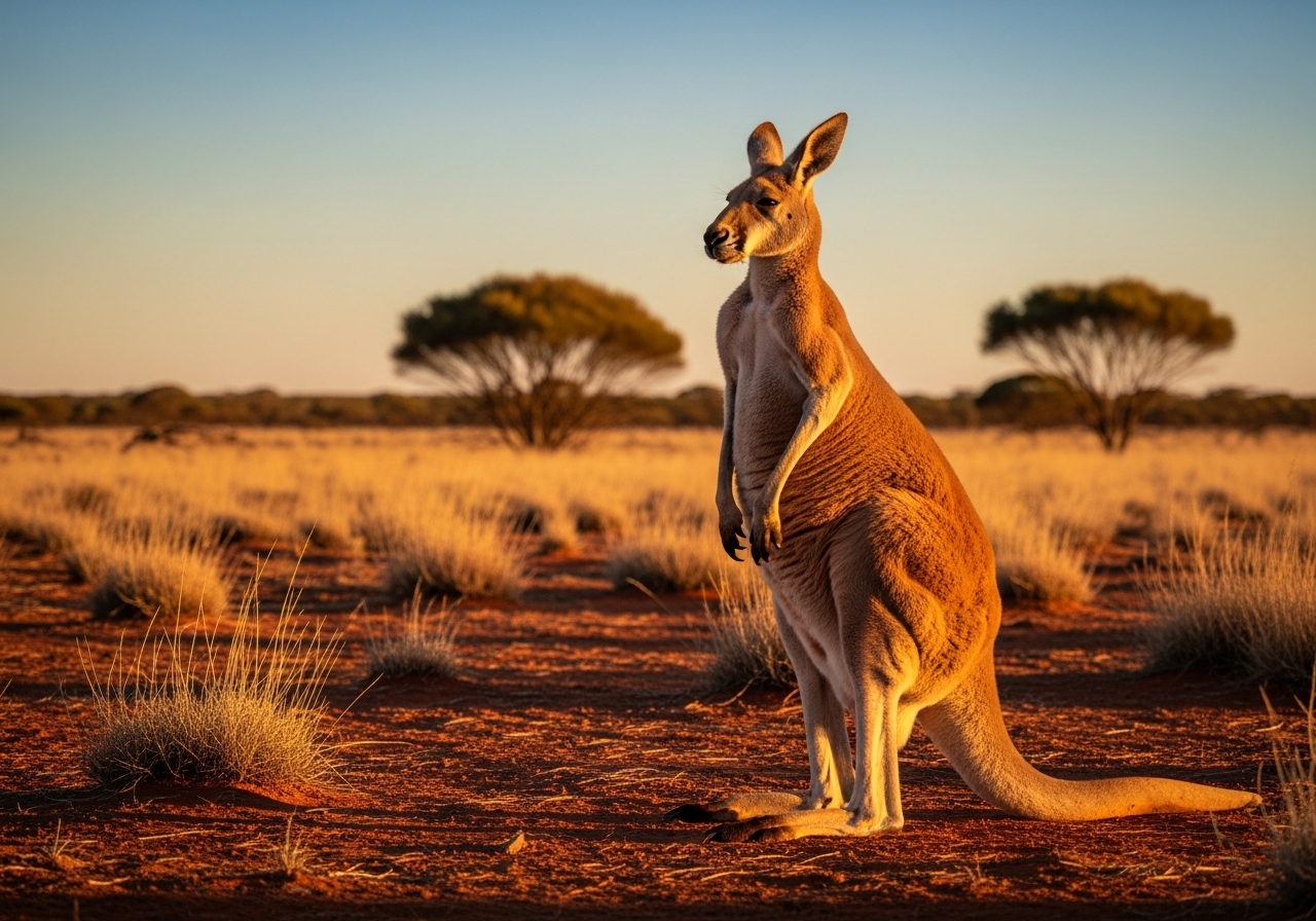 Large red kangaroo standing upright in the Australian outback at golden hour