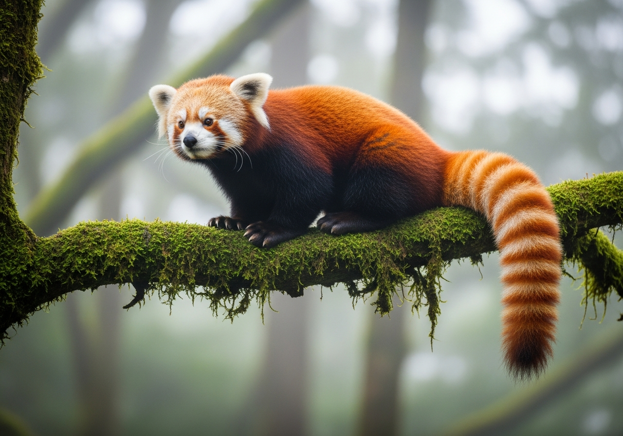 Red panda perched on a mossy branch in a misty Himalayan forest