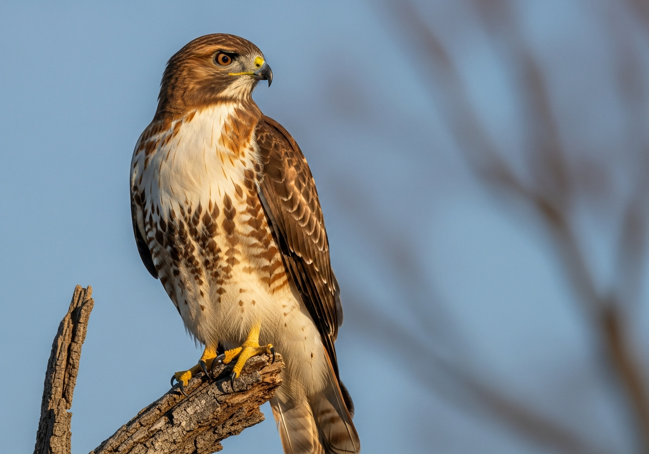 Red-tailed hawk perched on a branch showing its rust-red tail and hooked beak against a blue sky