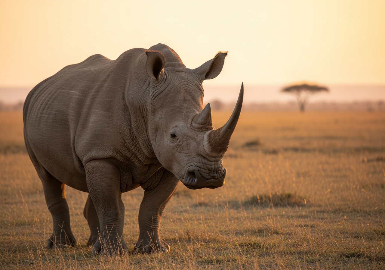White rhinoceros standing on an African plain at golden hour