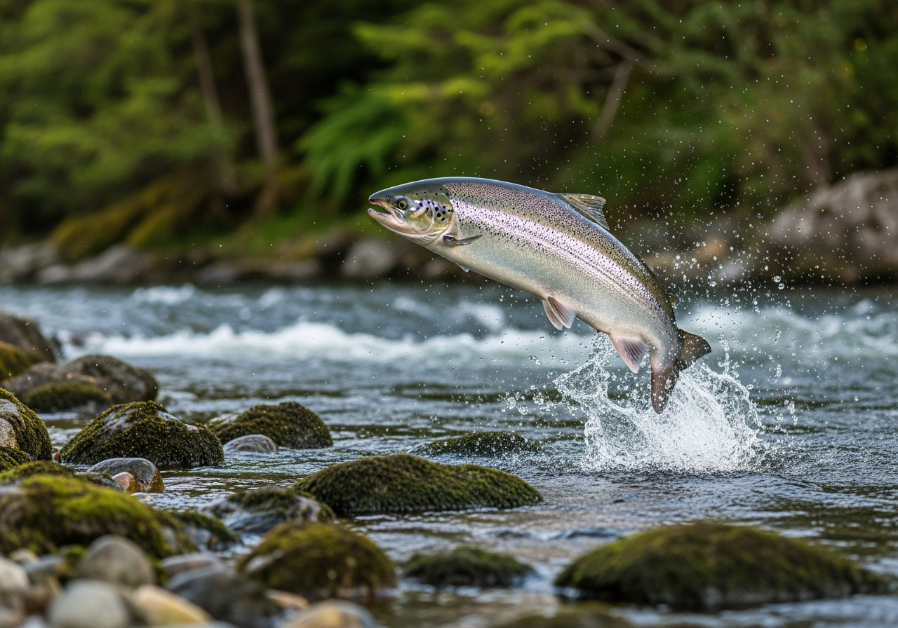 Silver Atlantic salmon leaping up a rushing river