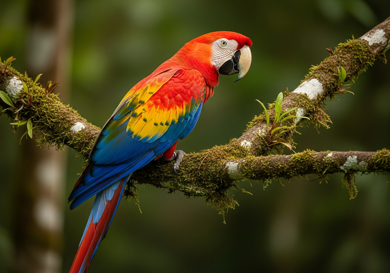 Scarlet macaw with red, yellow, and blue plumage perched on a rainforest branch