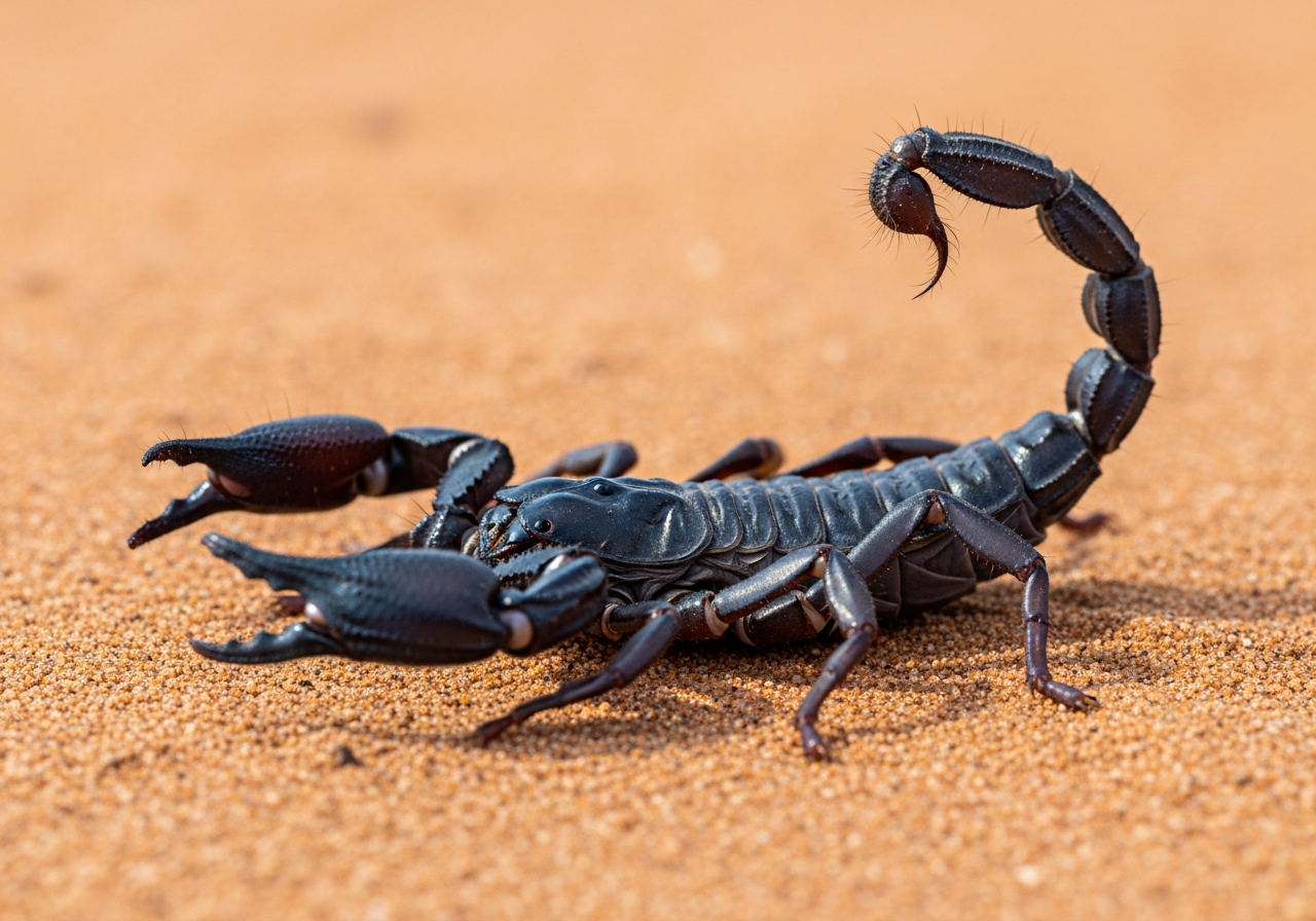Large glossy black emperor scorpion with raised tail and big pincers