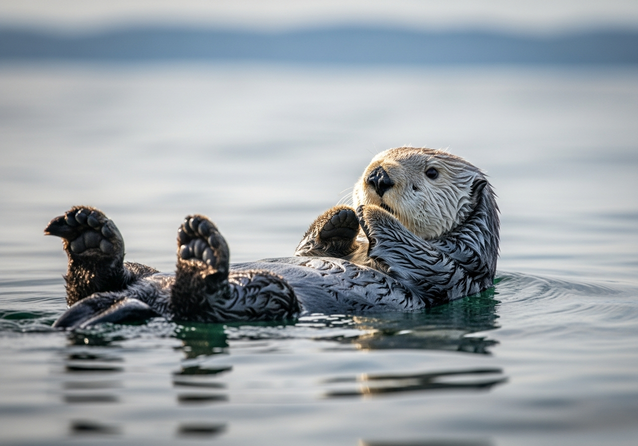 Sea otter floating on its back on calm ocean water