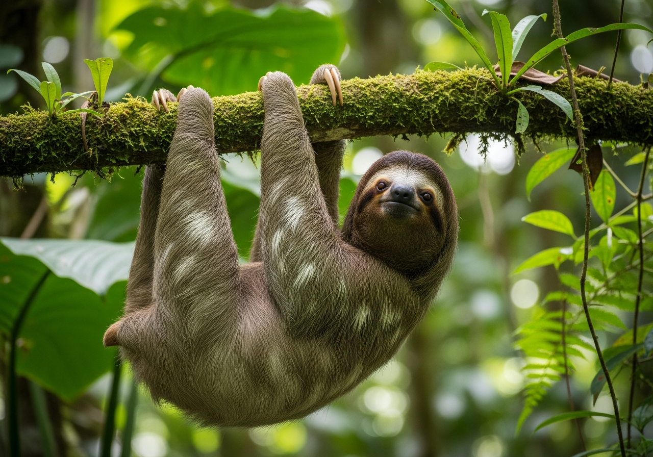 Brown-throated three-toed sloth hanging from a mossy branch in the rainforest canopy