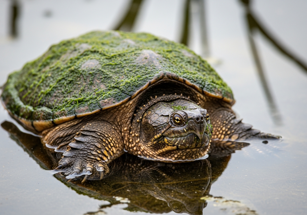 Common snapping turtle with a rugged shell and hooked jaws standing on a muddy bank