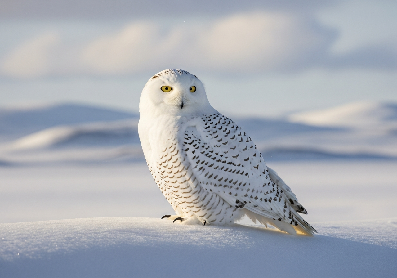 Snowy owl with white plumage and yellow eyes perched on snow-covered ground