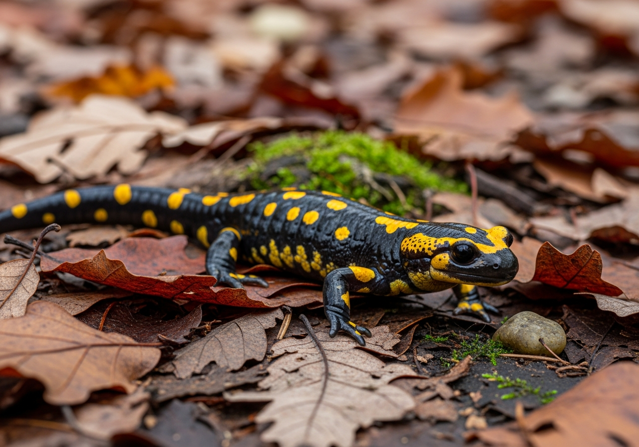 Black spotted salamander with two rows of bright yellow spots on the forest floor