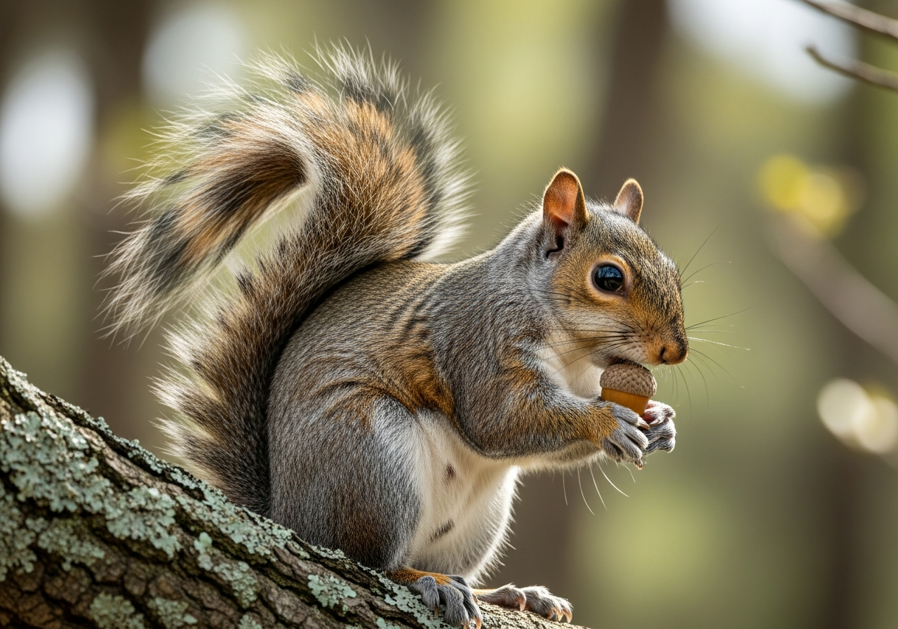 Eastern gray squirrel sitting upright holding a nut with its bushy tail curled behind