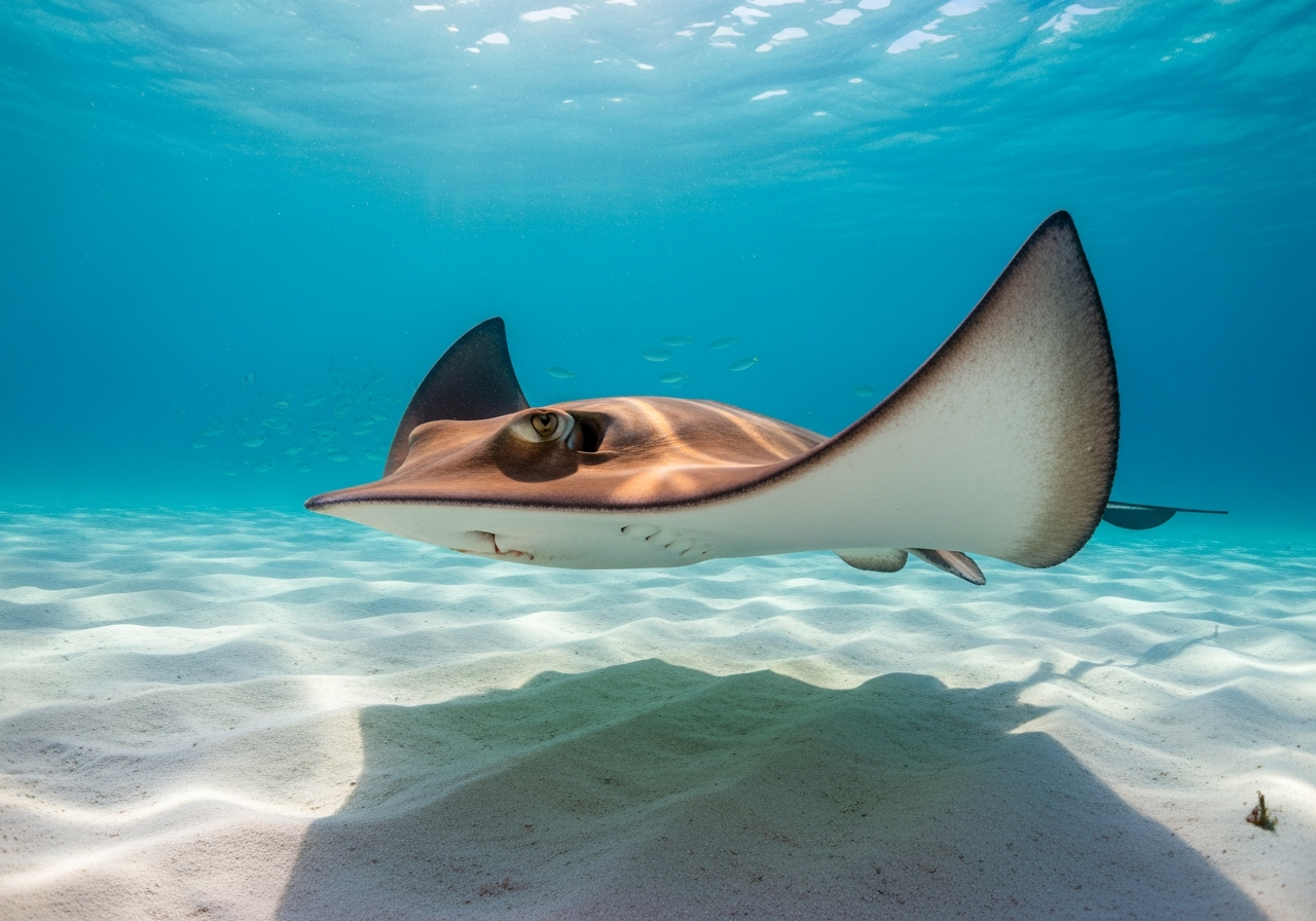Stingray gliding over a sandy seabed with its broad flat body and long tail