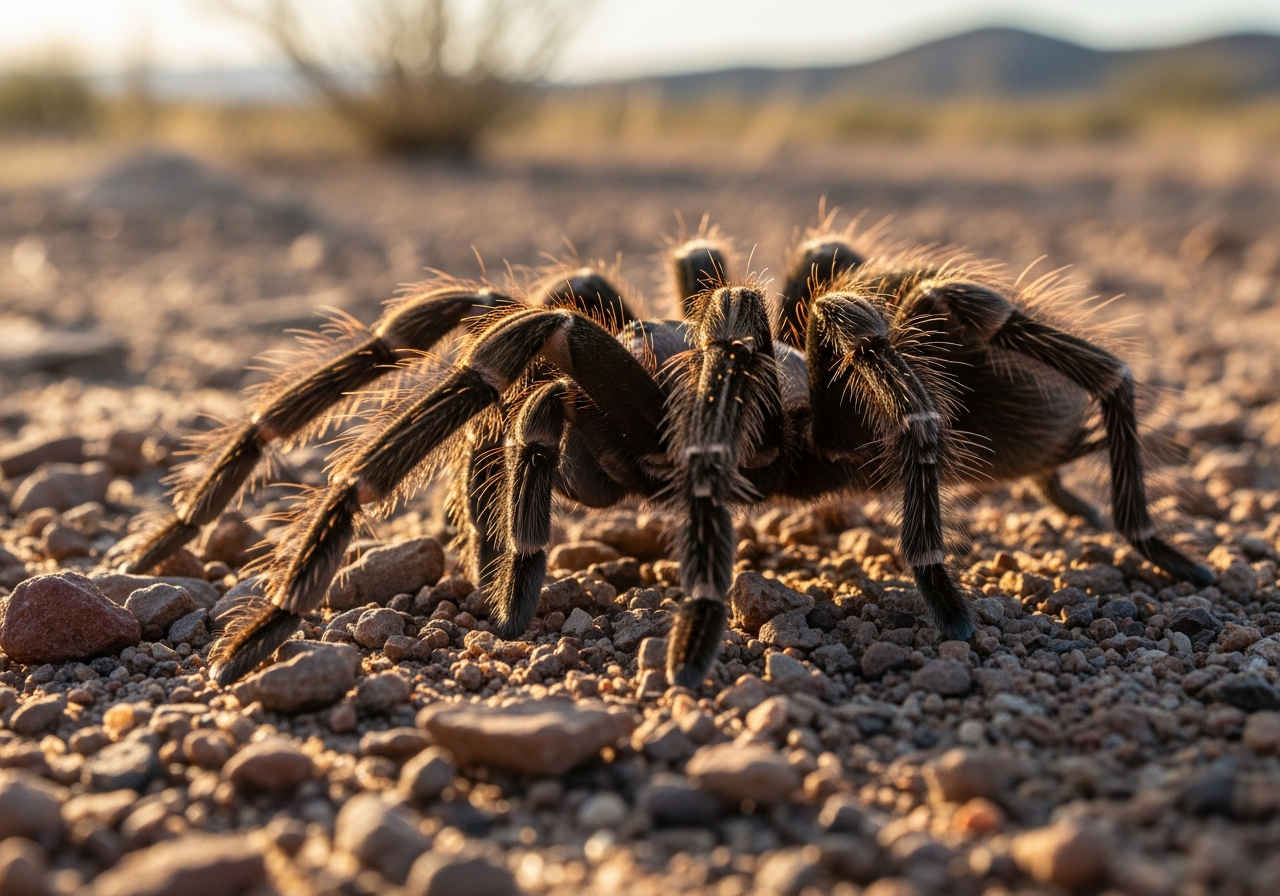 Tarantula on rocky desert ground with detailed hairy legs