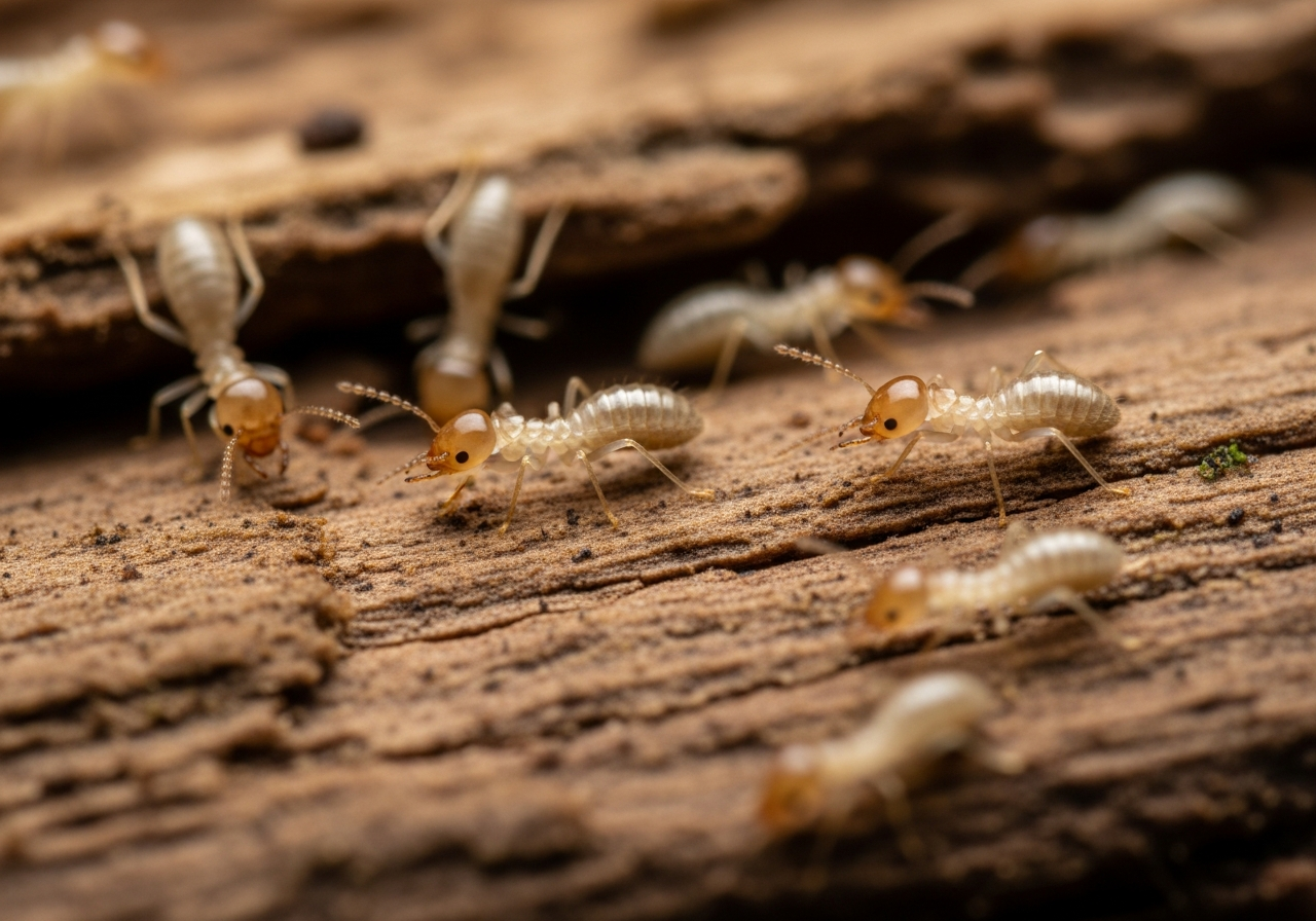 Pale termites clustered on dark decaying wood