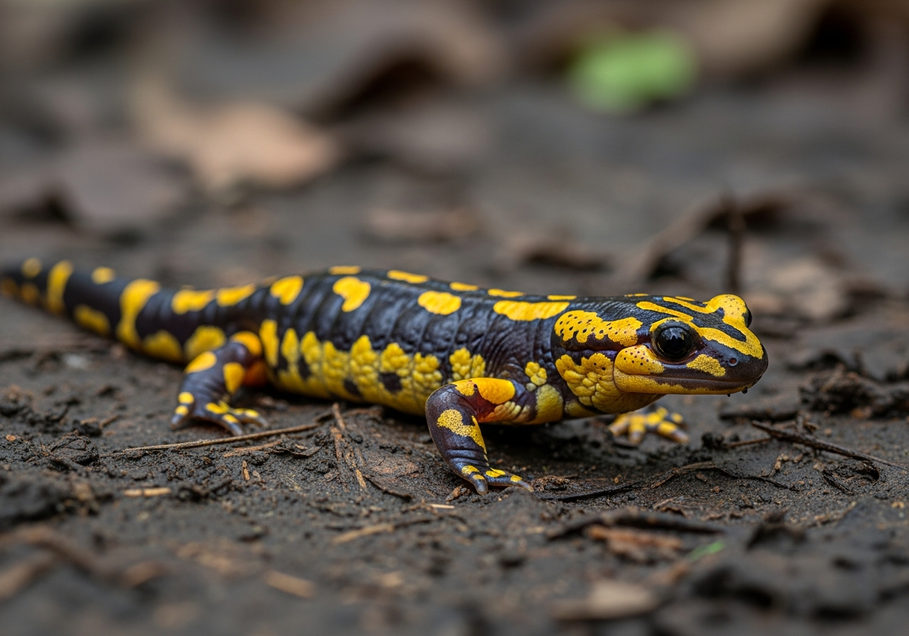 Stout dark tiger salamander with yellow blotches crawling across damp soil