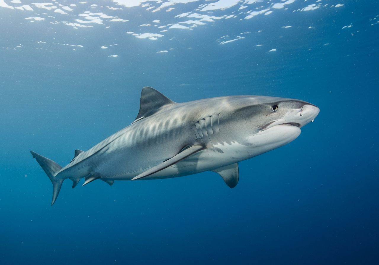 Tiger shark with faint dark stripes swimming through clear blue tropical water