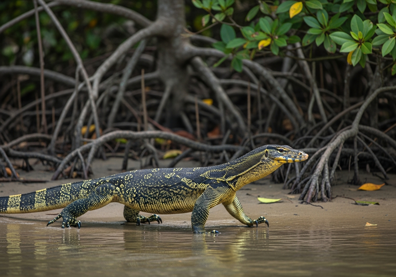 Asian water monitor with dark scaly skin and yellow markings walking near water