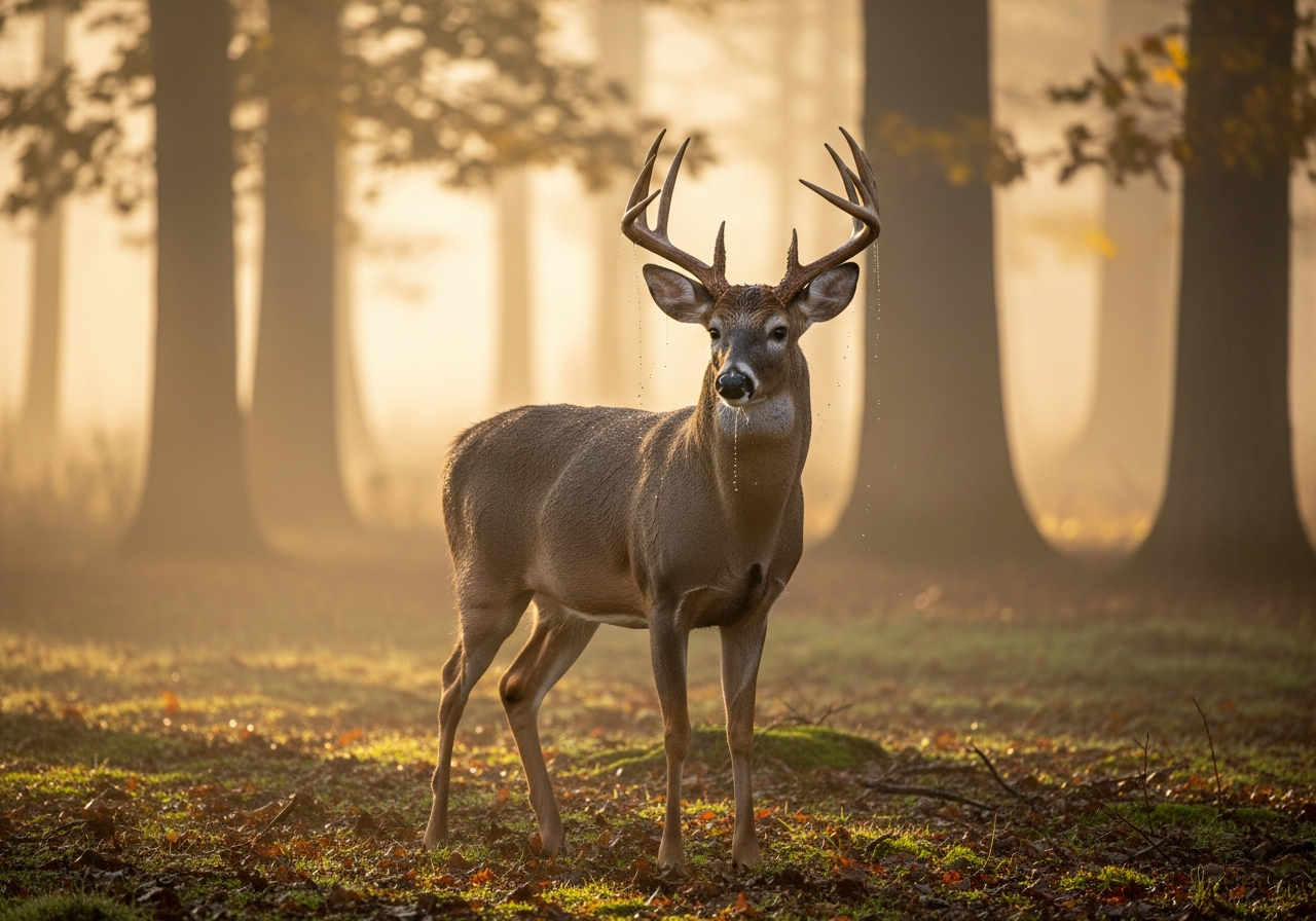 White-tailed deer buck with antlers in a misty forest clearing at dawn