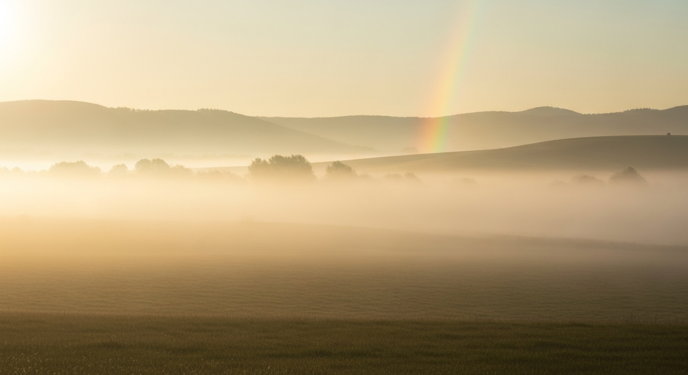 A soft sunrise over a peaceful meadow with a faint rainbow